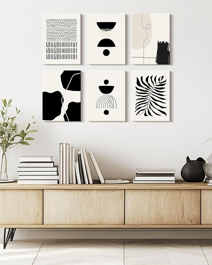 KUVIOKE Black Abstract Framed Wall Art Boho Room Decor Set of 6 Minimalist Geometric Line Art Bohemian Mid Century Modern Prints for Bedroom Living Room 12x16in (Framed)