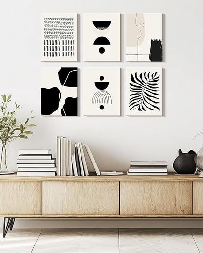 KUVIOKE Black Abstract Framed Wall Art Boho Room Decor Set of 6 Minimalist Geometric Line Art Bohemian Mid Century Modern Prints for Bedroom Living Room 12x16in (Framed)