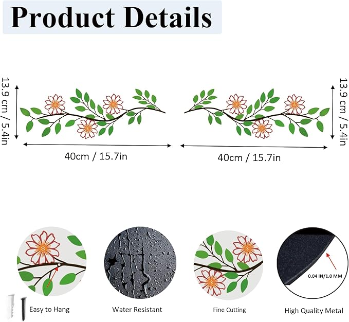 DUOOLN 2 Pcs Metal Tree Leaf Wall Decor, Long Iron Scroll Vine Wall Art Above, Rustic Hanging Sign, Line Flowers Sculpture For Above Door Living Room Office Indoor And Outdoor Decoration - Color 2