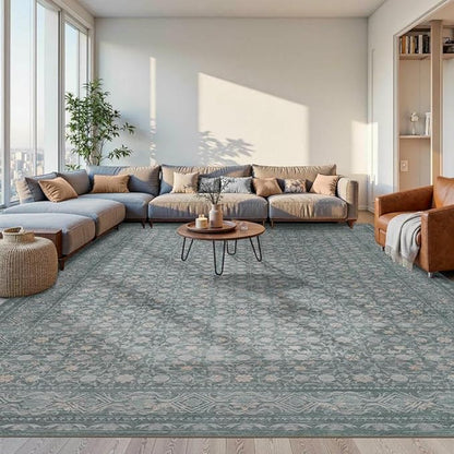 10x14 Washable Area Rug for Living Room, Extra Large Vintage Boho Rugs for Dining Room, Kids Room, Farmhouse, Durable Low Pile Non Slip Carpet for High Traffic Areas, Blue