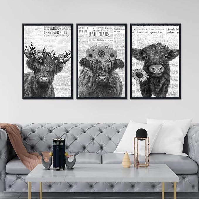 Black White Floral Highland Cow Canvas Wall Art Farmhouse Vintage Flower Cow Poster for Kitchen Wall Decor Funny Animal Print Artwork for Living Room Gallery Decoration 16x24inchx3pcs,Black Framed
