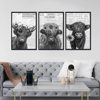 Black White Floral Highland Cow Canvas Wall Art Farmhouse Vintage Flower Cow Poster for Kitchen Wall Decor Funny Animal Print Artwork for Living Room Gallery Decoration 16x24inchx3pcs,Black Framed
