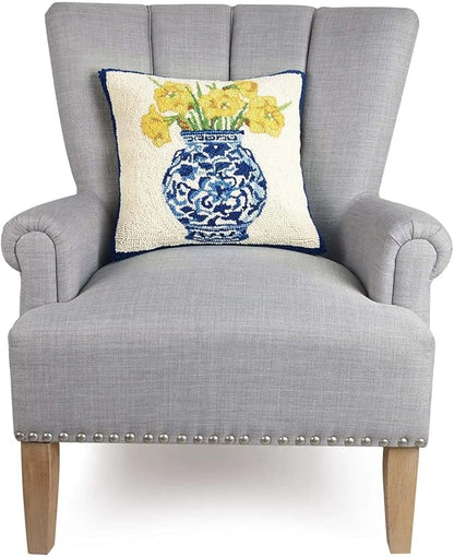 Peking Handicraft Daffodils in Chinoiserie Vase 16" Square Hooked Wool Throw Pillow, Artwork by Sally Eckman Roberts