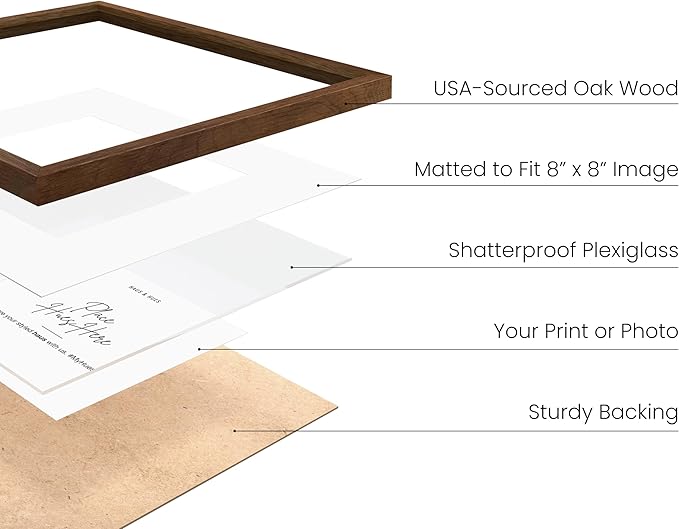 HAUS AND HUES Walnut Oak Wood 12x12 Picture Frame Matted to 8x8 - Square Frame with Plexiglass, Minimalist Wall Display (12x12 in, Walnut, Set of 1)