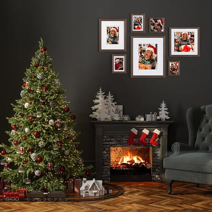 Egofine 8x8 Picture Frames Made of Solid Wood with Plexiglass, Display Pictures 4x4/6x6 with Mat or 8x8 Without Mat Set of 4 for Tabletop and Wall Mounting, Brown
