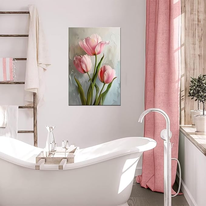 Pink Bathroom Decor Tulips Wall Art Flowers Pictures Modern Spring Floral Paintings Canvas Prints Artwork for Living Room Bedroom Home Decoration Framed