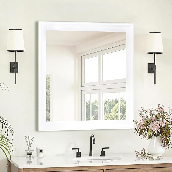 CULER White Wood Wall Mirror for Bathroom,Rectangle 30 x 30 inch Hanging Vanity Mirrors with Wooden Frame for Living Room,Bedroom,Entryway