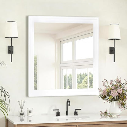 CULER White Wood Wall Mirror for Bathroom,Rectangle 30 x 30 inch Hanging Vanity Mirrors with Wooden Frame for Living Room,Bedroom,Entryway