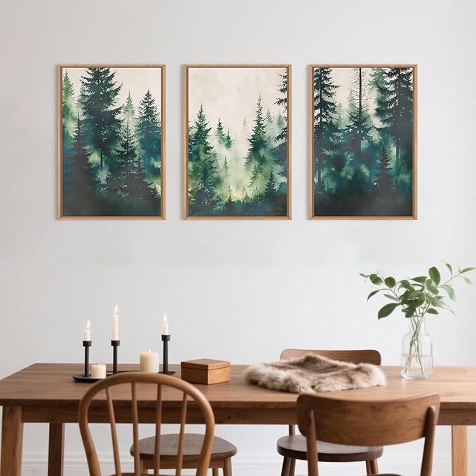 Misty Forest Landscape Framed Canvas Wall Art Set, Nature Green Pine Tree Wall Decor, Calming Greenery Boho Scenery Artwork Watercolor Modern Foggy Print for Living Room,Bedroom-24 x36 x3