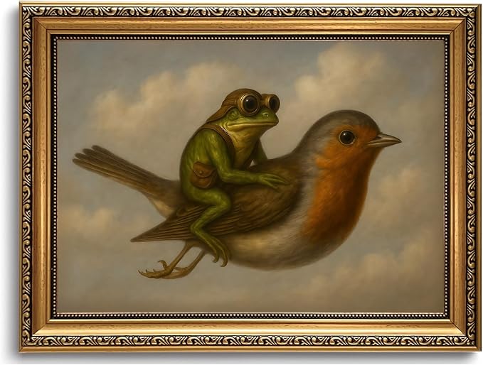 WZGZXU Gold Framed Wall Art Vintage Pictures Wall Decor Frog Riding Bird Canvas Art Funny Paintings Animal Prints Antique Artwork For Living Room Bedroom 12x16in
