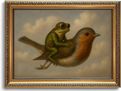 WZGZXU Gold Framed Wall Art Vintage Pictures Wall Decor Frog Riding Bird Canvas Art Funny Paintings Animal Prints Antique Artwork For Living Room Bedroom 12x16in