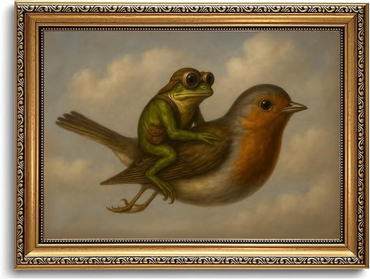 WZGZXU Gold Framed Wall Art Vintage Pictures Wall Decor Frog Riding Bird Canvas Art Funny Paintings Animal Prints Antique Artwork For Living Room Bedroom 12x16in