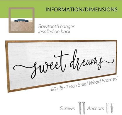 Sweet Dreams Wall Decor Above Bed Sign 40''×15'' Large Wood Framed Master Bedroom Guest Room Sweet Dreams Signs Farmhouse Rustic Wall Art Decoration (Wood)