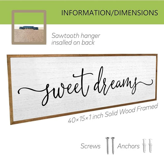 Sweet Dreams Wall Decor Above Bed Sign 40''×15'' Large Wood Framed Master Bedroom Guest Room Sweet Dreams Signs Farmhouse Rustic Wall Art Decoration (Wood)