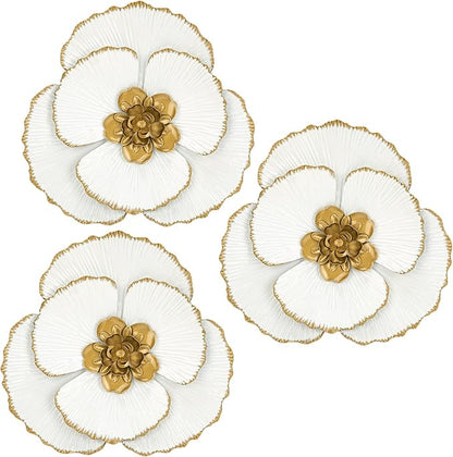 DILATATA 3 Pcs Metal Flower Wall Art Set 10 Inch Rustic Modern Floral Sculpture 3D Metal Flower Wall Hanging Accent for Indoor Living Room Bedroom Kitchen Bathroom Garden Patio Decor - White
