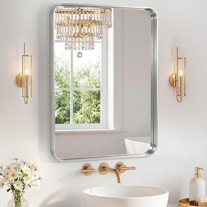 NEWBULIG 24X30 Inch Bathroom Mirror for Over Sink, Wall Vanity Mirrors Tempered Glass, Anti-Rust Metal Framed Rounded Rectangle, Hangs Horizontally or Vertically, Farmhouse Home Decor, Silvery