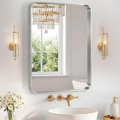 NEWBULIG 24X30 Inch Bathroom Mirror for Over Sink, Wall Vanity Mirrors Tempered Glass, Anti-Rust Metal Framed Rounded Rectangle, Hangs Horizontally or Vertically, Farmhouse Home Decor, Silvery