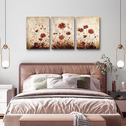 TTHYUEWS Boho Wall Decor for Bedroom Canvas Wall Art for Living Room Office Decorations Flowers Wall Pictures Watercolour Paintings Artwork Modern Aesthetic Bathroom Home Decor 3 Piece Ready To Hang