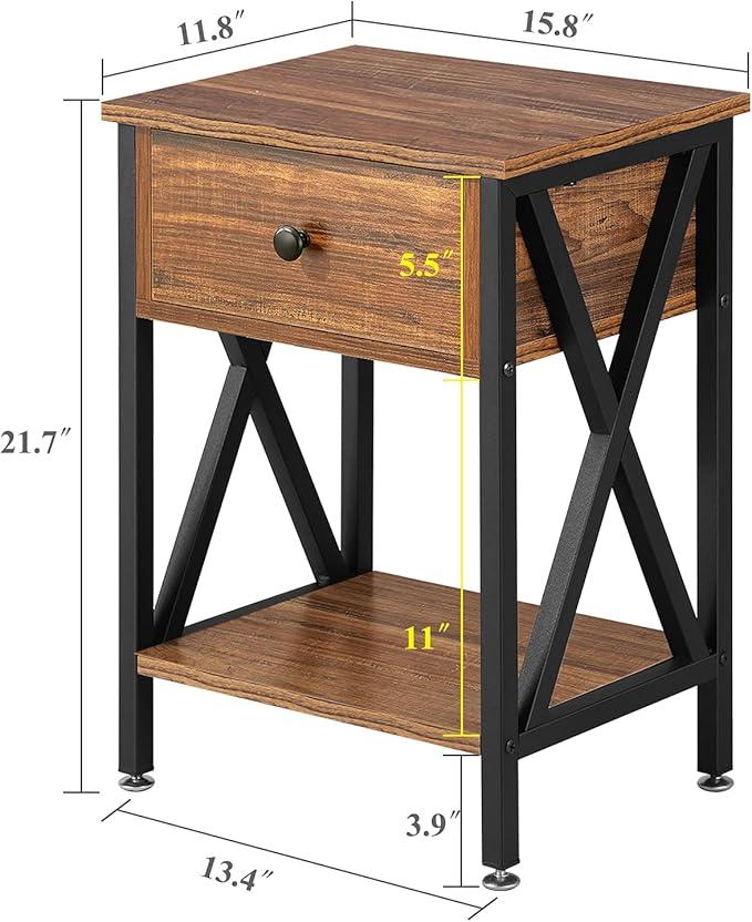 VECELO Nightstands, Modern End Side Tables,Night Stand Set of 2 with Drawer &Storage Shelf for Bedroom Living Room Office Lounge, 2, Brown