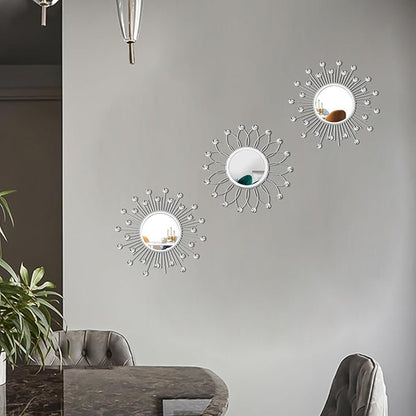 3 Pack Metal Mirrors for Wall Sunburst Wall Mirrors Home Décor Decorative Hanging Wall Art for Living Room Bedroom Entryway (Silver Crystal, Flower+Sunburst)