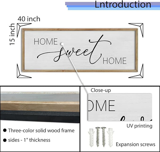 FZMHASLWW Living Room Wall Decor Home Sweet Home Sign 40"×15" Farmhouse Family Horizontal Plaque for Entryway Large Rustic House Modern Minimalist Wood Framed Wall Hanging Art (Wood)