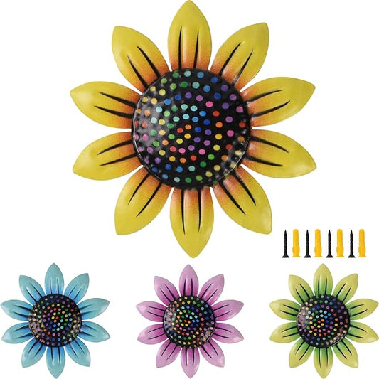 Redvigh Metal Flower Wall Art Decor 4PCS, Sunflower Garden Ornaments 3D Daisy Flower Hanging Wall Decorations for Bedroom Living Room Bedroom Indoor Outdoor
