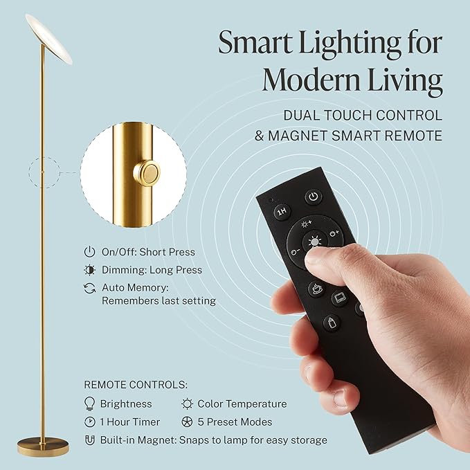 LED Torchiere Floor Lamp, 3200LM, 71" Tall Modern Torchiere Lamp in Golden Brass, Stepless Dimming, Remote & Touch Control, Super Bright Light for Living Room and Bedroom, Heavy Stable Base