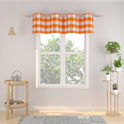 3 Pieces Tier Curtains and Valance Set Buffalo Check Kitchen Tiers Plaid Gingham Grommet Top Classic Short Small Cafe Curtains Country Farmhouse Cafe Bathroom 54"x18"/32"x30" Orange & White