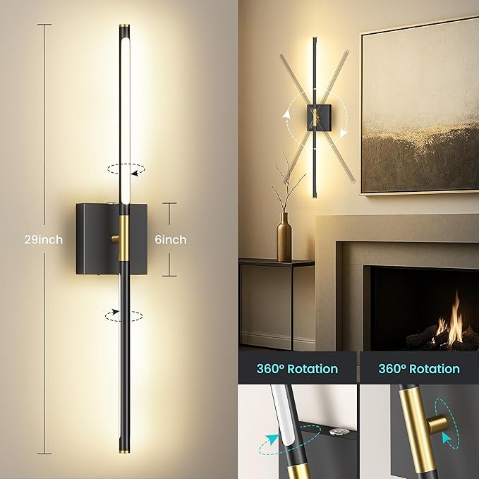 Battery Operated Wall Sconces Set of Two, 10000mAh Rechargeable Wall Lights with Remote Control, 360° Rotate Dimmable Black Gold LED Cordless Lighting for Bedroom, Living Room, Hallway, 29 Inch, 3CCT