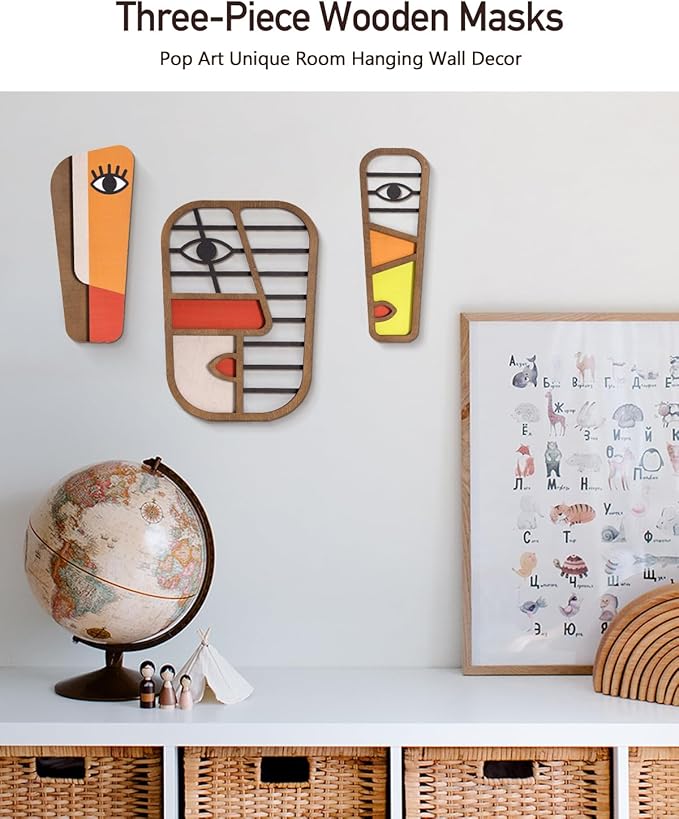 LIFVEAN Abstract Wood Picasso Wall Art Decor - Large Size Modern Minimalism Mask Home Wall Decor - Vintage Pop Wall Art for Bedroom Bathroom Living Room, (3 Piece)