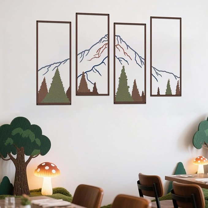 ruelen 4 Pcs Metal Mountain and Forest Wall Decor Colorful Landscape Mountain Wall Art Pine Tree Forest Wall Decoration Rustic Nature Wall Decor for Living Room Home Office Bathroom Indoor (Large)