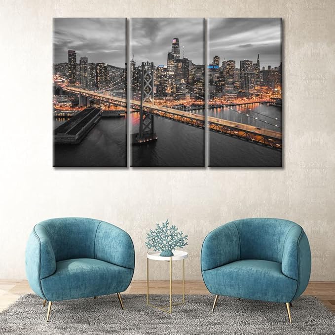 TUMOVO 3 Piece American Cityscape Wall Art for Living Room Cityscape View of San Francisco and the Bay Bridge at Night California Wall Decor for Bedroom Framed Ready to Hang (60" Wx40 H)
