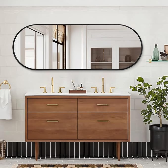 Black Oval Bathroom Full Length Mirror, 48x16'' Pill Shaped Oblong Vanity Wall Mirror, Metal Framed Capsule Aluminum Frame Decor Mirror for Living Room Vanity Bedroom Entryway