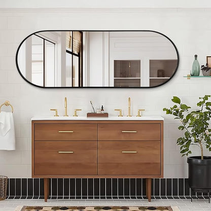 Black Oval Bathroom Full Length Mirror, 48x16'' Pill Shaped Oblong Vanity Wall Mirror, Metal Framed Capsule Aluminum Frame Decor Mirror for Living Room Vanity Bedroom Entryway
