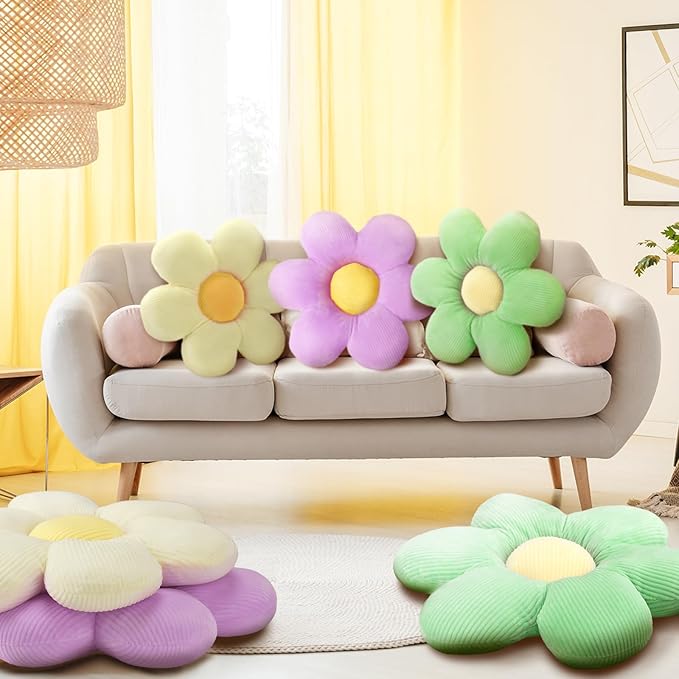 Sratte 3 Pcs Flower Pillows Flower Shaped Throw Pillows Cute Daisy Plush Pillow Decorative Floor Pillow Seat Cushion for Bedroom Home Sofa Chair Couch Decor(Green, Lavender, White,23.62")