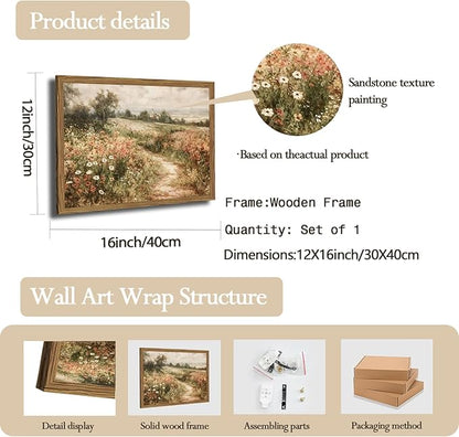 Vintage Floral Wall Art Nature Country Wildflower Wall Decor Painting Modern Botanical Flower Farmhouse Landscape Artwork 3D Textured Sandstone for Living Room Bedroom 12x16 inch Wood Framed