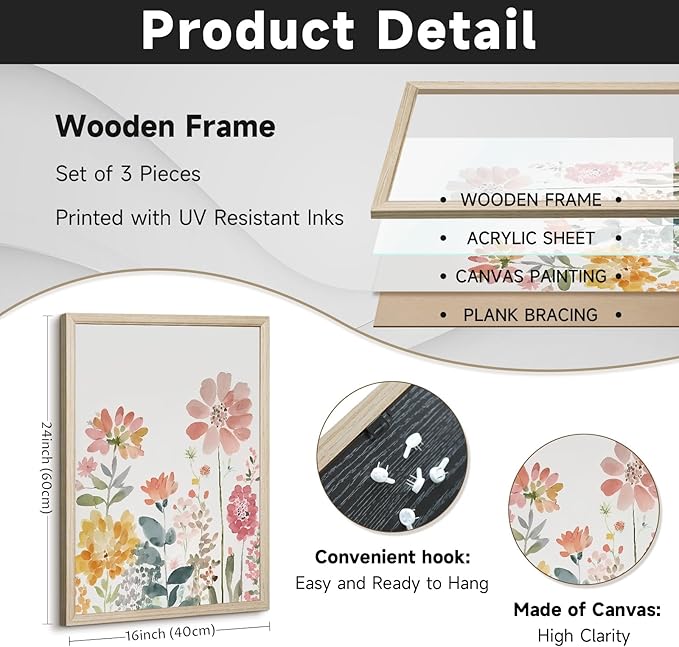 Watercolor Wildflower Wall Art Decor Colorful Flower Pictures Canvas Floral Botanical Wall Art Vintage Prints Poster Floral Painting Artwork for Living Room Bedroom 16x24 Inch Framed Set of 3