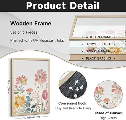 Watercolor Wildflower Wall Art Decor Colorful Flower Pictures Canvas Floral Botanical Wall Art Vintage Prints Poster Floral Painting Artwork for Living Room Bedroom 16x24 Inch Framed Set of 3
