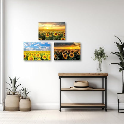 CCWACPP Sunflower Canvas Wall Art 3 Panels Sunflower Floral Field Sunset Pictures Yellow Flower Print Painting Large Living Room Decor Frame (Sunflower - 2, 11x14inchx3Pcs)