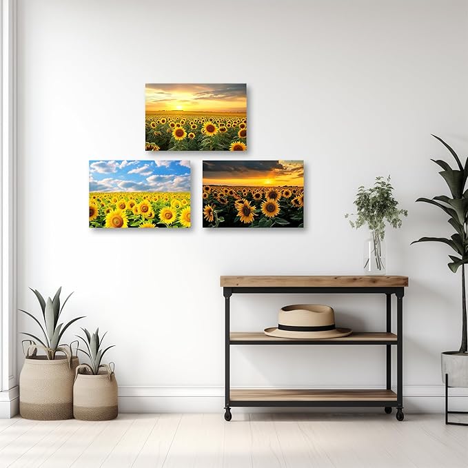 CCWACPP Sunflower Canvas Wall Art 3 Panels Sunflower Floral Field Sunset Pictures Yellow Flower Print Painting Large Living Room Decor Frame (Sunflower - 2, 24x36inchx3Pcs)