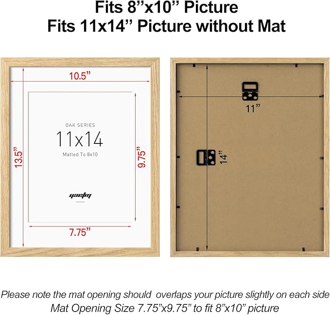 Yaetm 11x14 Oak Wood Picture Frame with Mat for 8x10 Set of 3, Natural Solid Wood 11x14 Frame with Tempered Glass for Wall Gallery & Home (3 Pack, Oak)