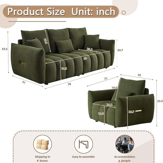 Antetek Set of 3 Teddy Sofa for Living Room, Modern 2 Units Deep Seat Sofa Chairs and an Oversized 3-Seater Cloud Boucle Couch for Bedroom, Office, Apartment, Furniture Set, Green (3 Pieces)