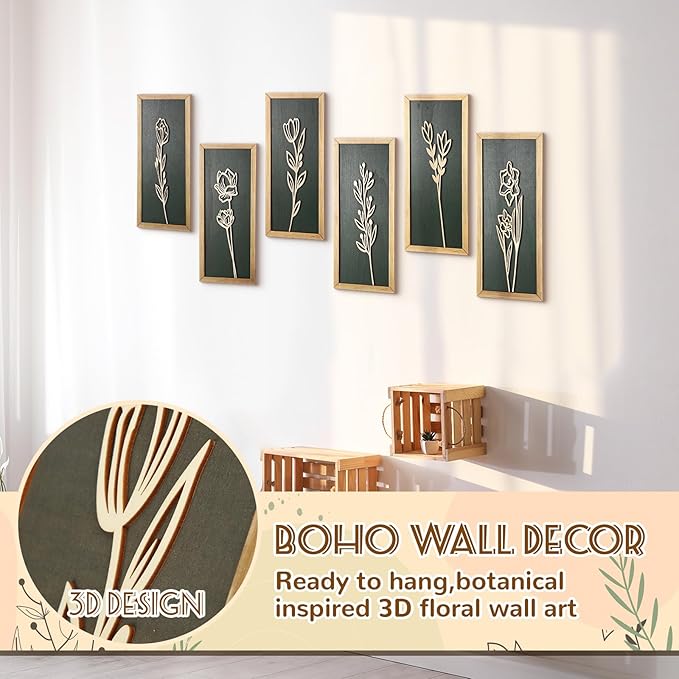 Wesiti 6 Pcs Boho Wall Art Wooden Floral Wall Decor Minimalist Botanical Print Art Decor for Rustic Vintage Farmhouse Home Living Room Bedroom Bathroom Kitchen Decoration, 15.75 x 6.69 Inch (Green)