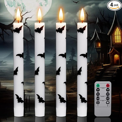 Halloween Flameless Taper Candles Battery Operated with Remote and Timer, Real Wax 3D Wick Flickering LED Taper Candle Bats Decals Dinner Table Halloween Decor(4 Pack, 0.78”D x 9.64”H)