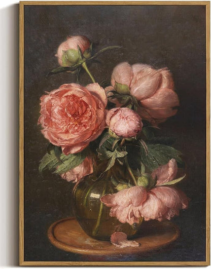 WALLZK Vintage Framed Wall Art Peony Wall Decor Pink Floral Canvas Prints Cottagecore Decor Rustic Farmhouse Pictures Artwork for Walls Living Room Bedroom Bathroom 12"x16"