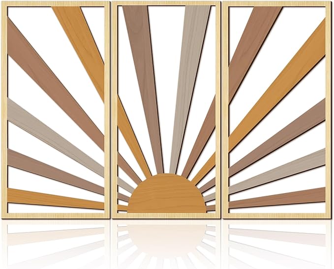 Suzile 3 Pcs Wall Sculptures Wooden Wall Decor Boho Geometric Line Hollow Wall Decor Mid Century Modern Decor Minimalist Geometric Art for Living Room Bathroom Bedroom Office Kitchen (Sunrise)