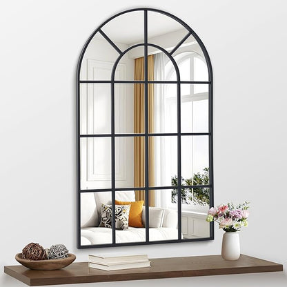 Arched Mirror, 30"x48" Arch Window Mirror, Black Frame Window Pane Mirror Wall Decor, Large Wall Mounted Mirror Decorative for Living Room Bedroom Entryway Hanging or Leaning Against Wall