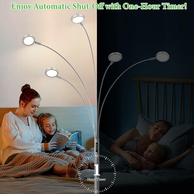LED Arc Floor Lamp with Remote, 2250LM Dimmable Floor Lamp with Timer, Adjustable Colors, Brightness & 5 Adjustable Arms, Multi-Head Tall Standing Lamp for Living Room Bedroom Office, Satin Nickel