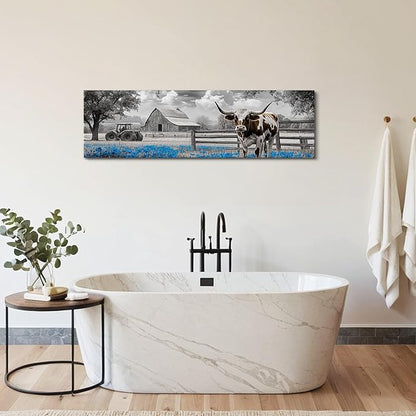 Highland Cow Wall Art Country Barn Truck Pictures for Living Room Western Wall Decor Meadow Scenery Canvas Painting Black and White Poster Prints Artwork Farmhouse Kitchen Decorations 14x48"