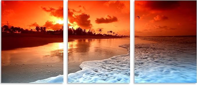 TutuBeer 3 Panels Beach Pictures Wall Decor Beach at Sunset Ocean Pictures Print on Canvas Ocean Picture Wall Decor Ocean Art for Home Decoration Stretched and Framed 16" x 24" x 3 Pieces